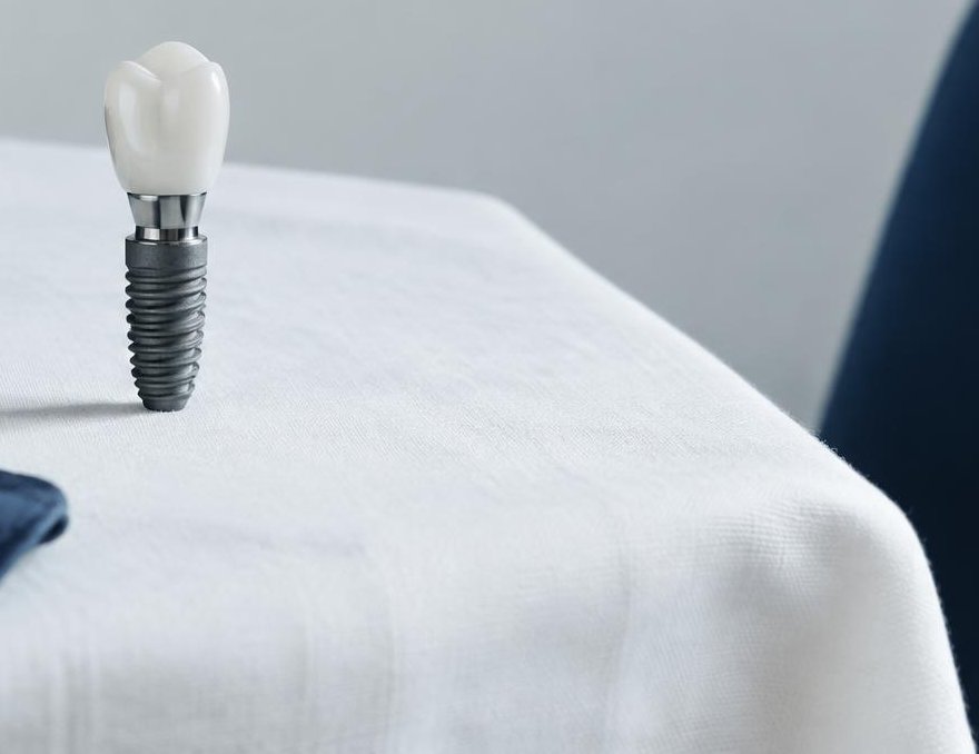 Modelo de implante dentário em titânio sobre linho branco